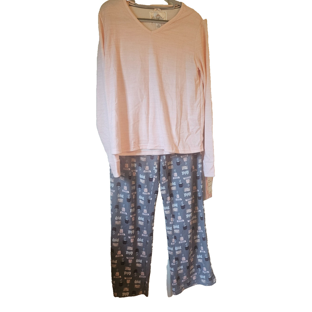 NWT Goodnight Kiss Pajama Set Women’s Soft Pink Gray Coffee Print Sleepwear S